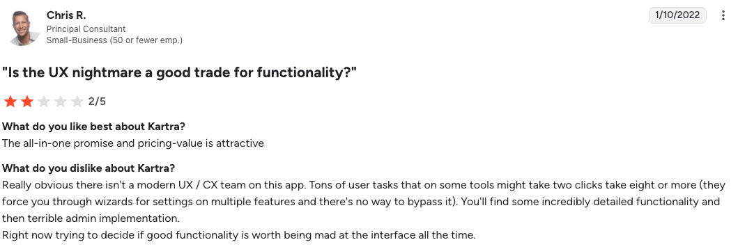 xKartra review screenshot: 2/5 stars—praises all-in-one value but criticizes poor UX, slow multi-step tasks, and clunky admin; dated Jan 10, 2022.