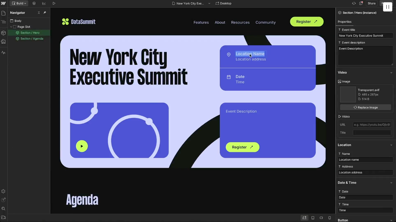 Webflow Designer editing an event landing page—“New York City Executive Summit”—with component tree and style settings panel.