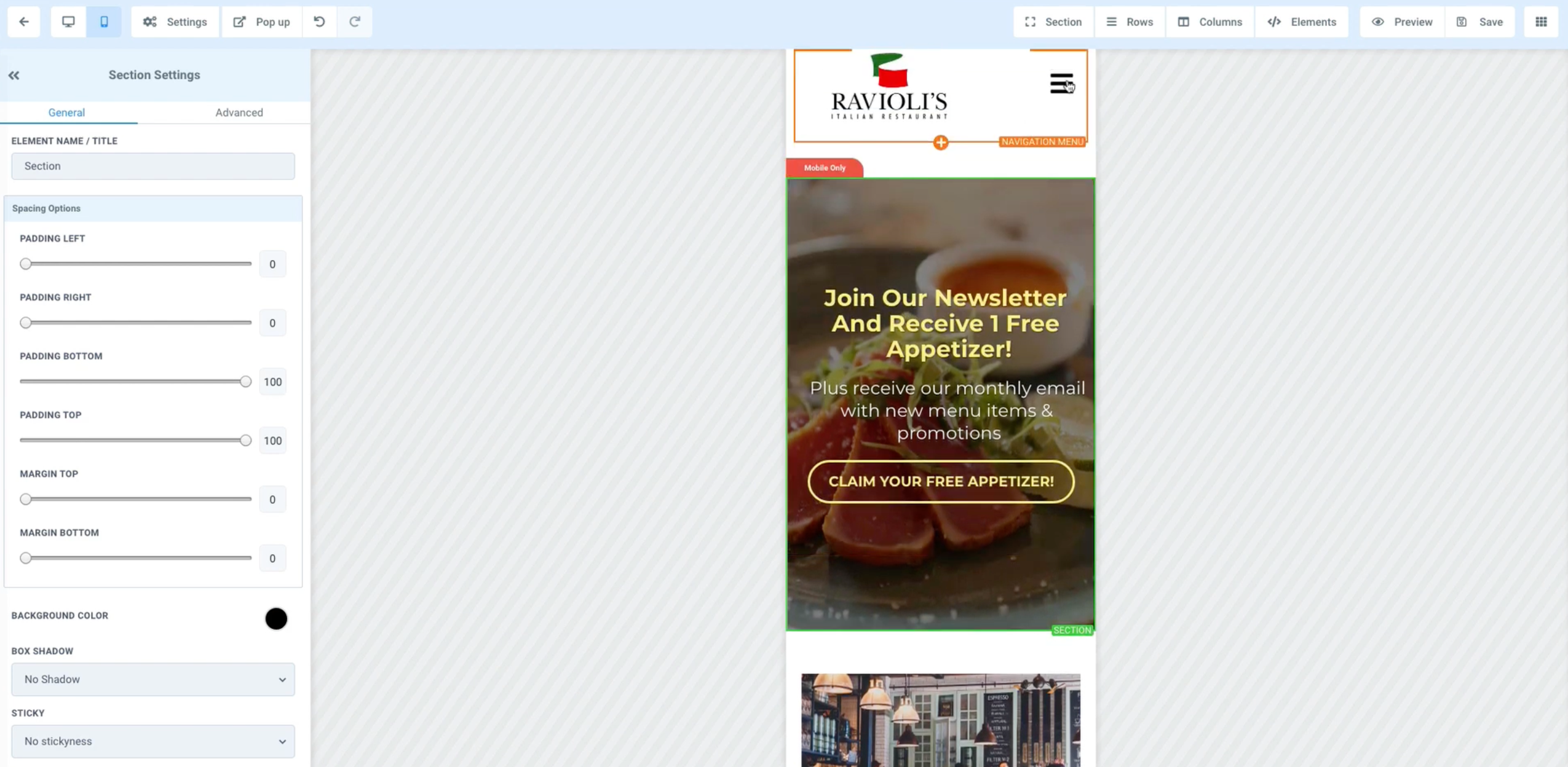GoHighLevel page builder showing section settings and a mobile restaurant landing page with “Join Our Newsletter” free appetizer CTA.