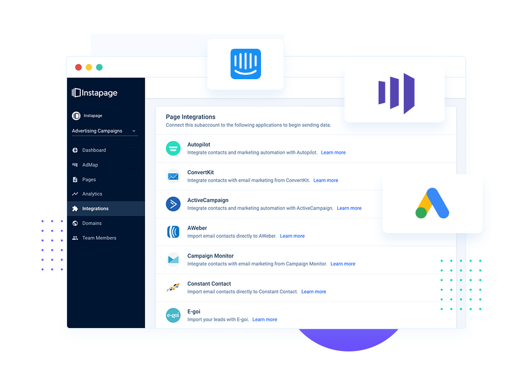 Instapage integrations screen listing email and marketing tools—ActiveCampaign, ConvertKit, AWeber—plus Google Ads connection.