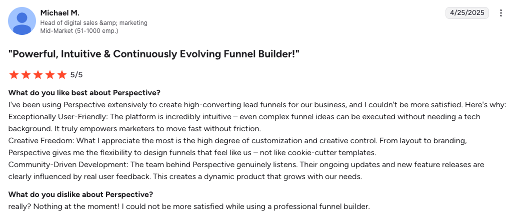 Perspective review: 5/5 stars from Michael M., mid-market head of digital sales—praises intuitive, highly customizable funnel builder; no cons.