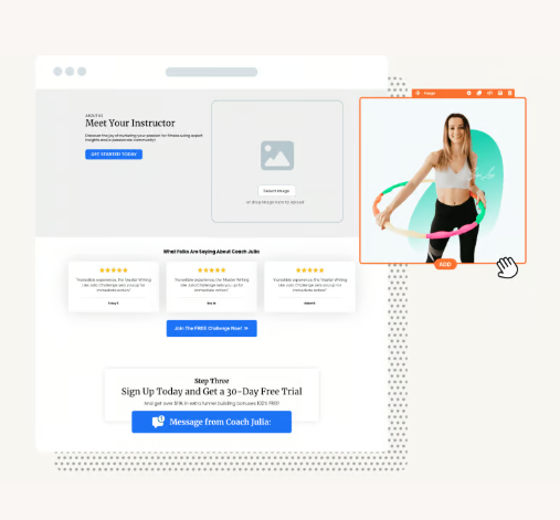 ClickFunnels landing page builder showing a course sales page with testimonials, CTA, and a draggable video widget.