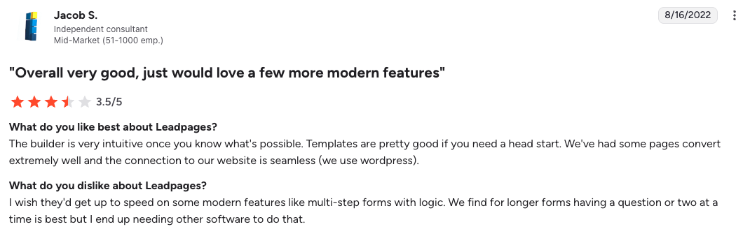 G2 review of Leadpages by Jacob S., 3.5/5: solid templates and WordPress connection; wants multi-step, logic-based forms.