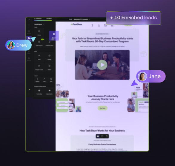 Leadpages collaborative page editor with comments and lead enrichment badges over a long landing page layout.