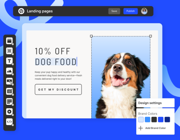 Unbounce landing page builder screenshot: editing a “10% off dog food” page with image selection handles and a design settings panel.