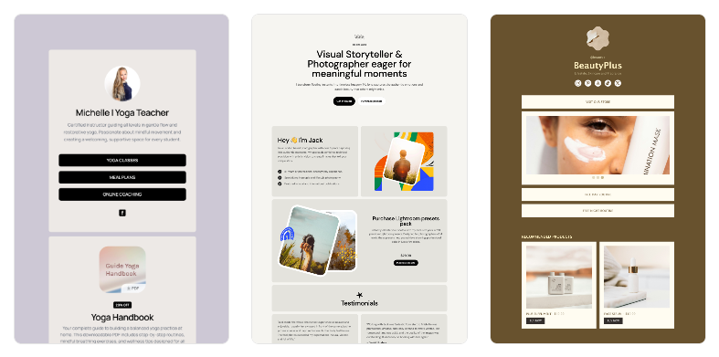 MailerLite free landing page builder with email marketing showing examples including a yoga instructor page with CTAs, a photographer portfolio with testimonials, and a beauty brand layout with product images.