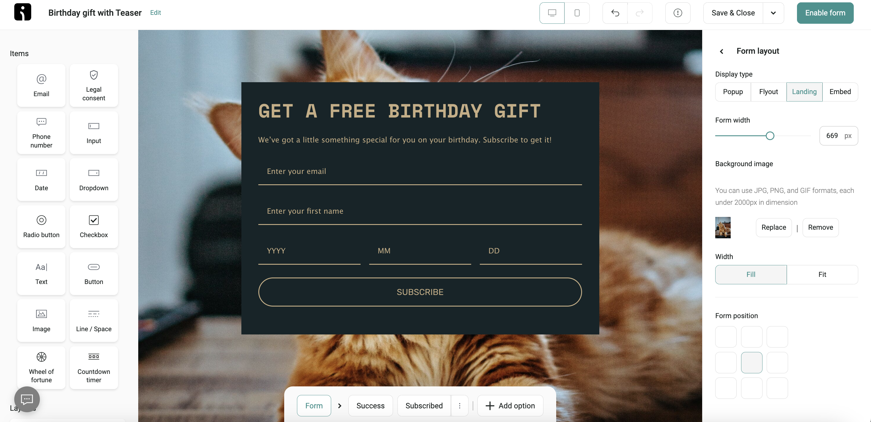 Omnisend's free landing page builder showing a birthday signup page with email, name, and date fields, plus layout controls, form items, and background settings.