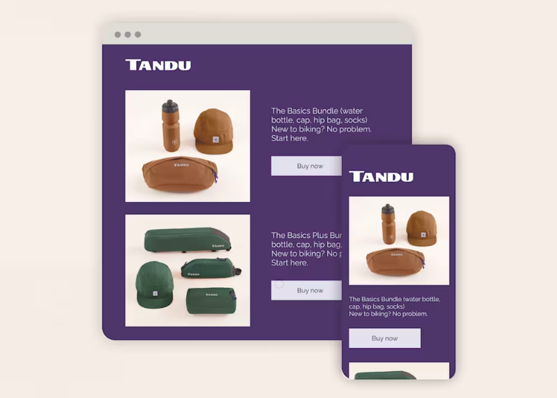 Mailchimp landing page examples displaying desktop and mobile product pages for an ecommerce bundle with images, descriptions, and purchase buttons.