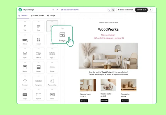 Brevo's free landing page builder with drag-and-drop content blocks beside a “WoodWorks” product promo page showing images, product cards, and basic design options.