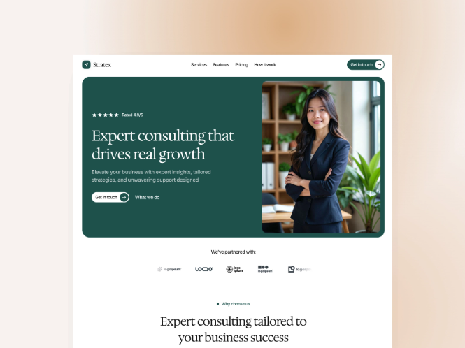 Framer free landing page builder showing a consulting website layout with a hero section, headline, call-to-action buttons, partner logos, and a professional portrait.