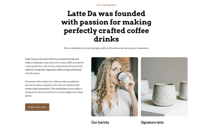 Dorik’s free landing page builder showing a coffee shop about page with a headline, story section, barista photo, and signature latte image.