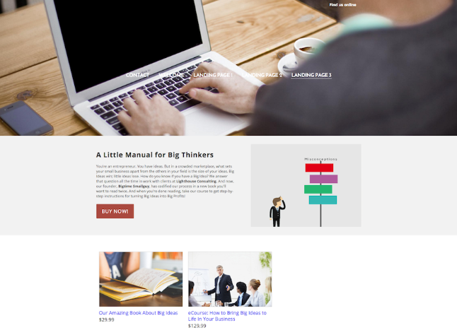 Weebly’s free landing page builder showing a product-focused layout with a hero image, headline, call-to-action button, and featured content blocks.