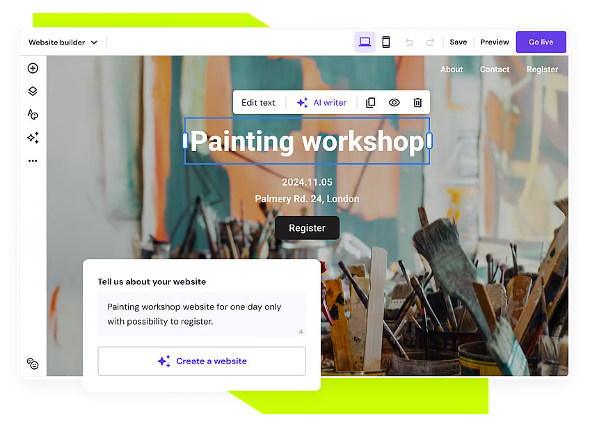 Hostinger’s free landing page builder showing an event-style painting workshop page with editable text, AI writer tools, and registration details.