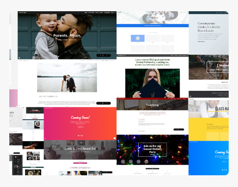Google Sites free landing page builder showing a grid of website templates in various styles, including portfolios, event pages, and coming soon designs.