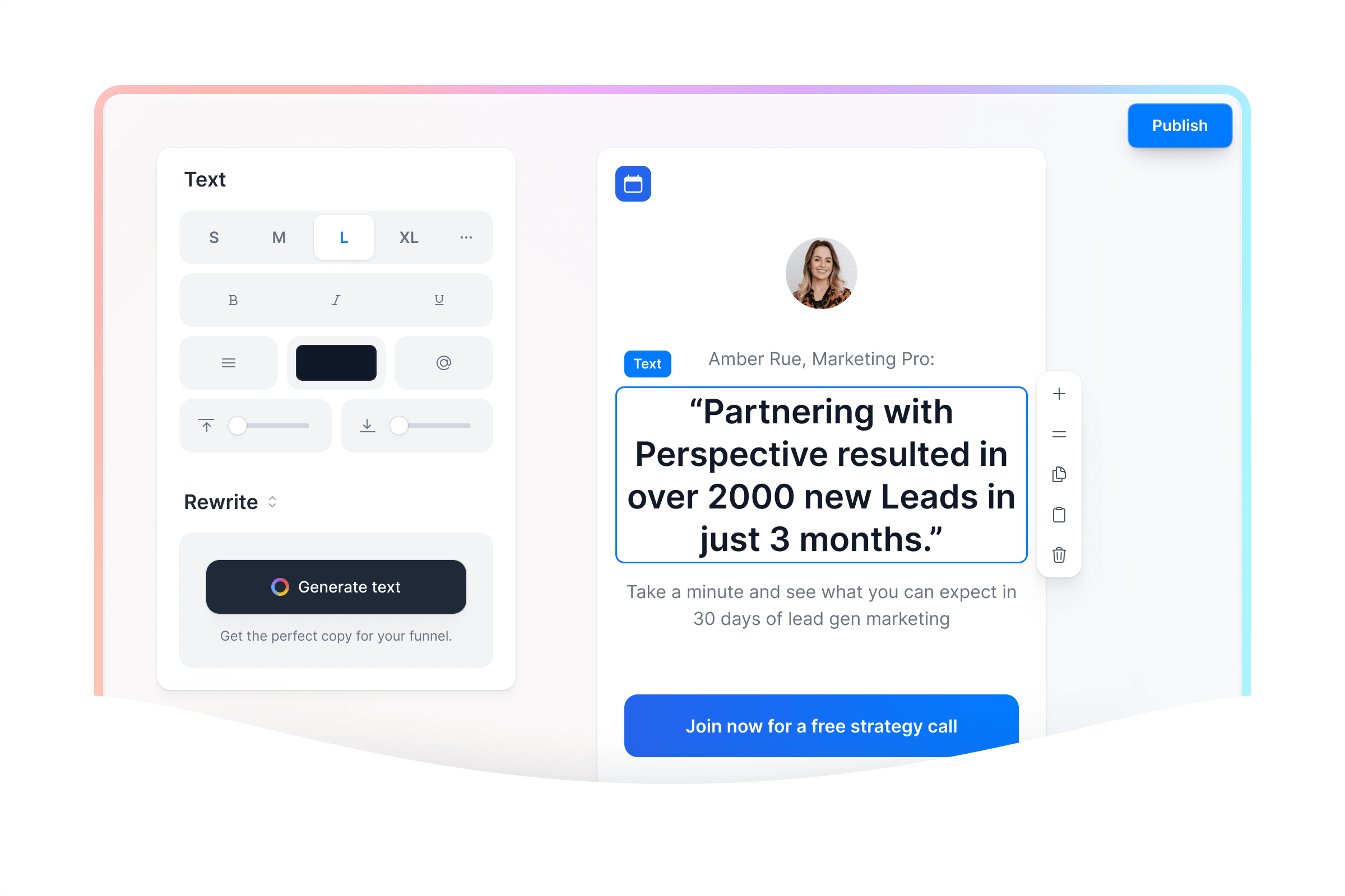 Perspective’s funnel builder interface showing text editing and a testimonial block.