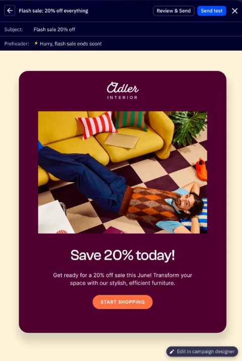 ActiveCampaign sales funnel software showing an email campaign designer with a flash sale template and editing options.