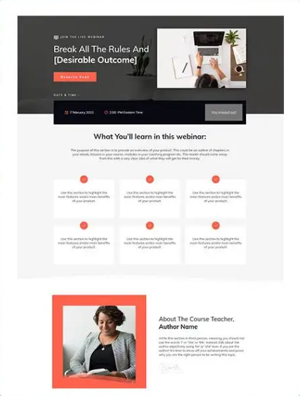Thrive Suite sales funnel software showing a webinar landing page template with event details, benefits, and instructor section.