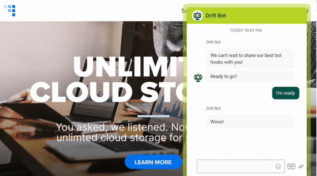 Drift sales funnel software showing a website with a live chat widget and automated Drift Bot conversation.