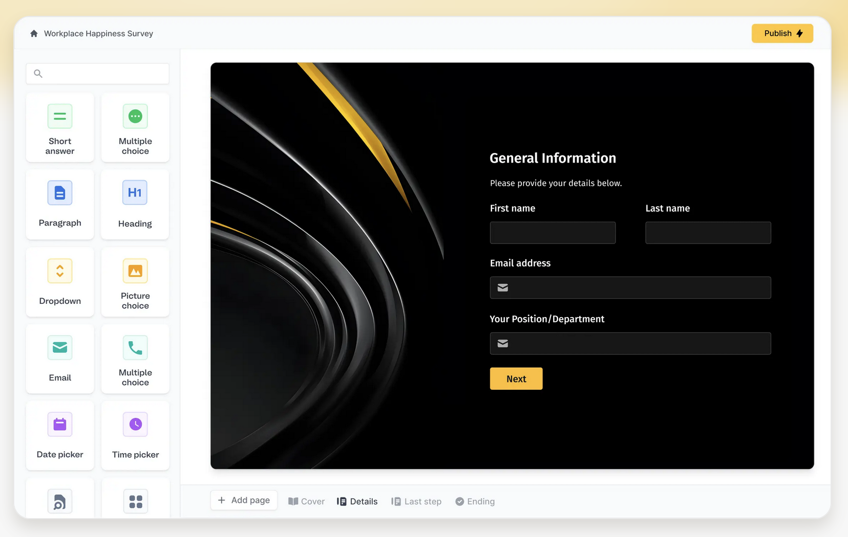 Fillout quiz funnel software interface showing a form builder with question types and a multi-step survey layout.