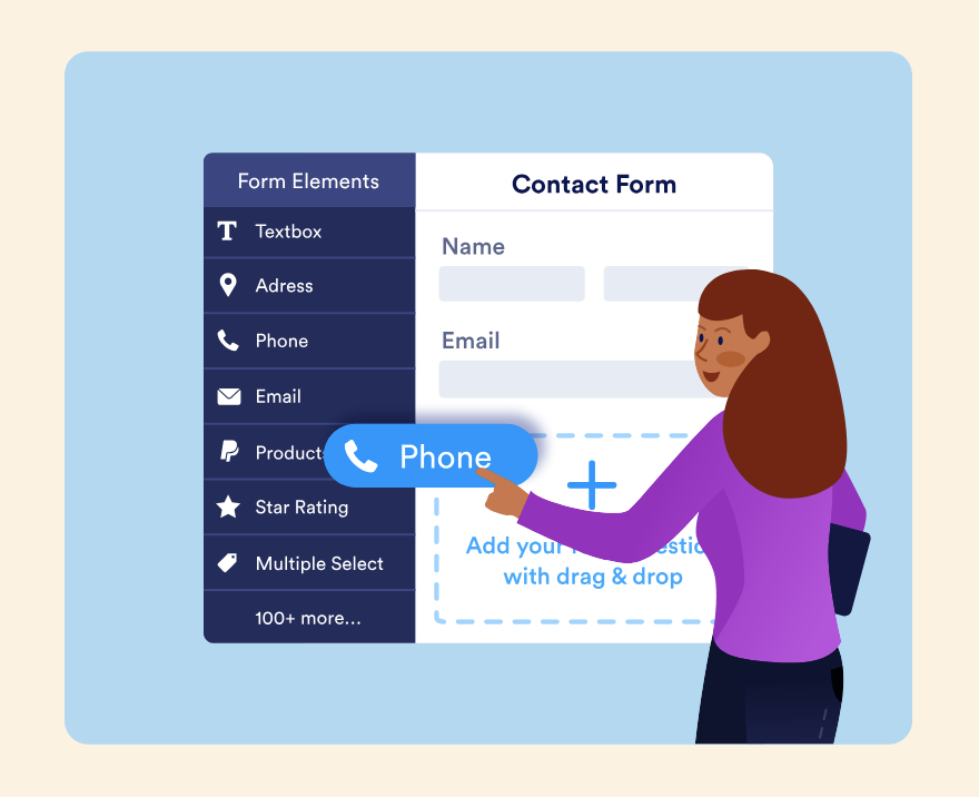 Jotform quiz funnel software interface showing a drag-and-drop form builder with contact form fields and input elements.