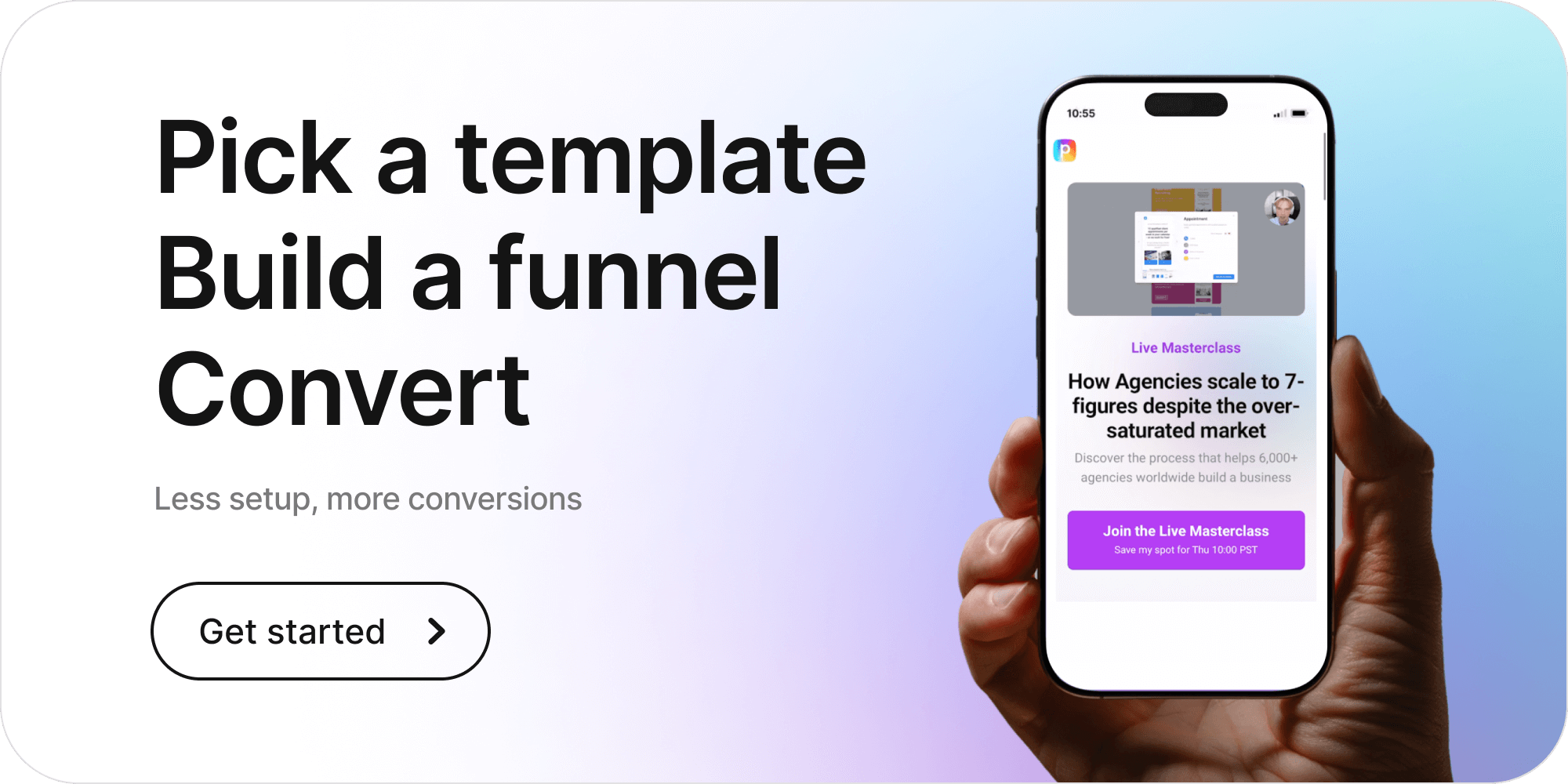 Hero banner showing Perspective’s mobile funnel builder with a funnel template preview and a call-to-action to build and convert leads.