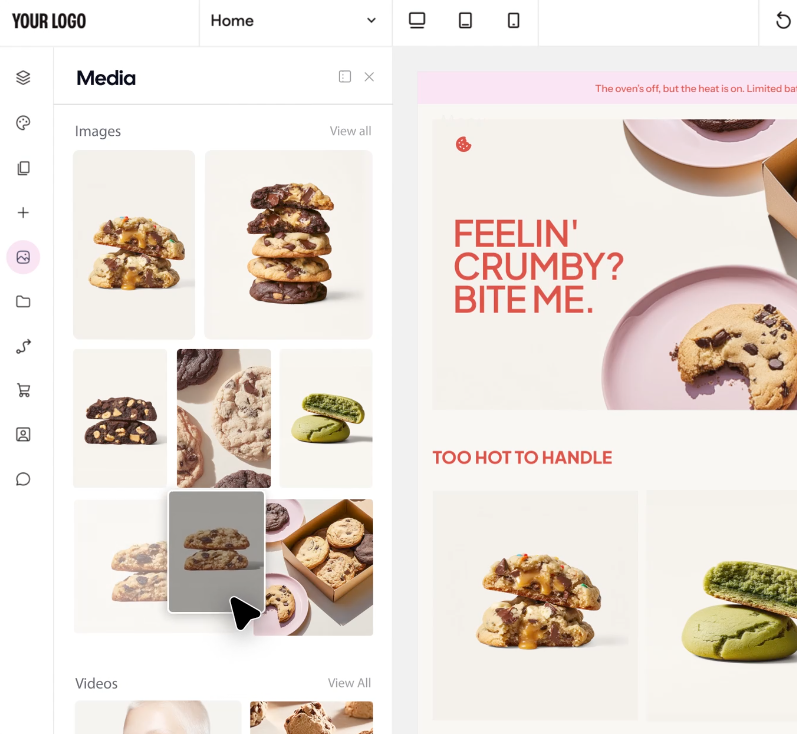 Interface of Duda, a white label landing page builder, showing a visual editor with media library, drag-and-drop layout, and ecommerce-style page design.