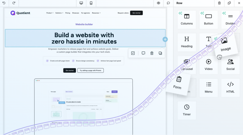 Interface of Unlayer, a white label landing page builder, showing a drag-and-drop editor with page sections, content blocks, and visual layout controls.