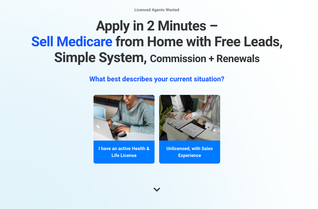 Insurance lead generation landing page examples showing a Medicare agent application funnel with a “Apply in 2 Minutes” headline and two qualification options.
