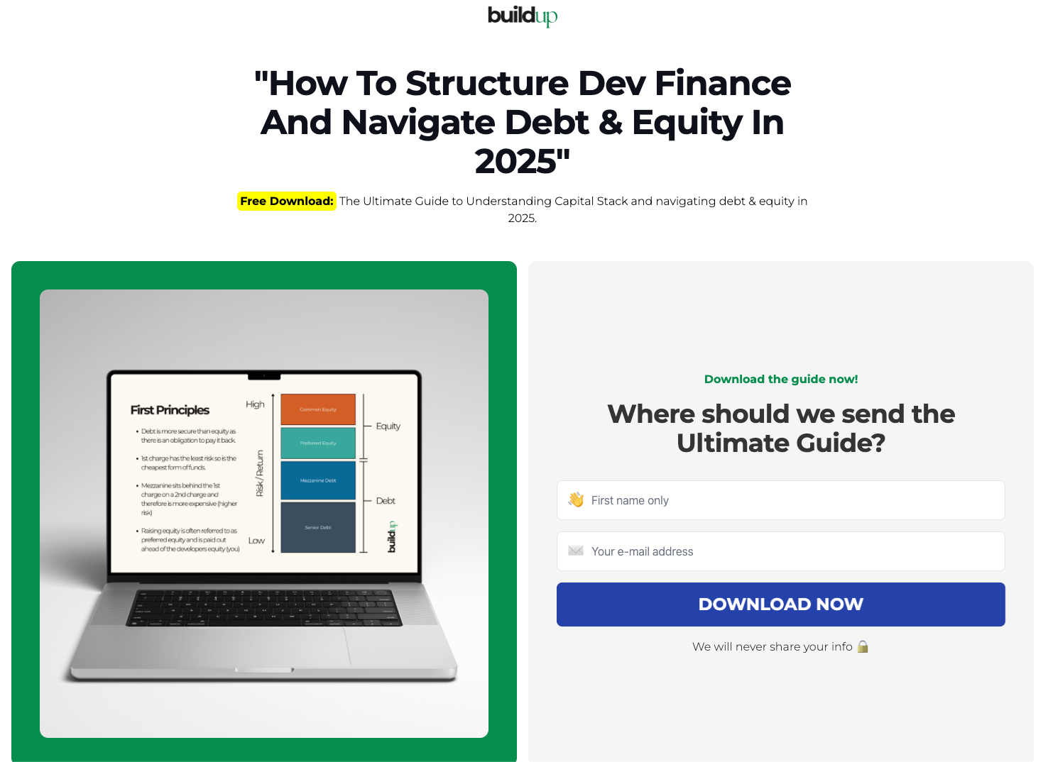 Finance lead generation landing page examples featuring a “How to Structure Dev Finance” guide download with an email capture form and “Download now” CTA.