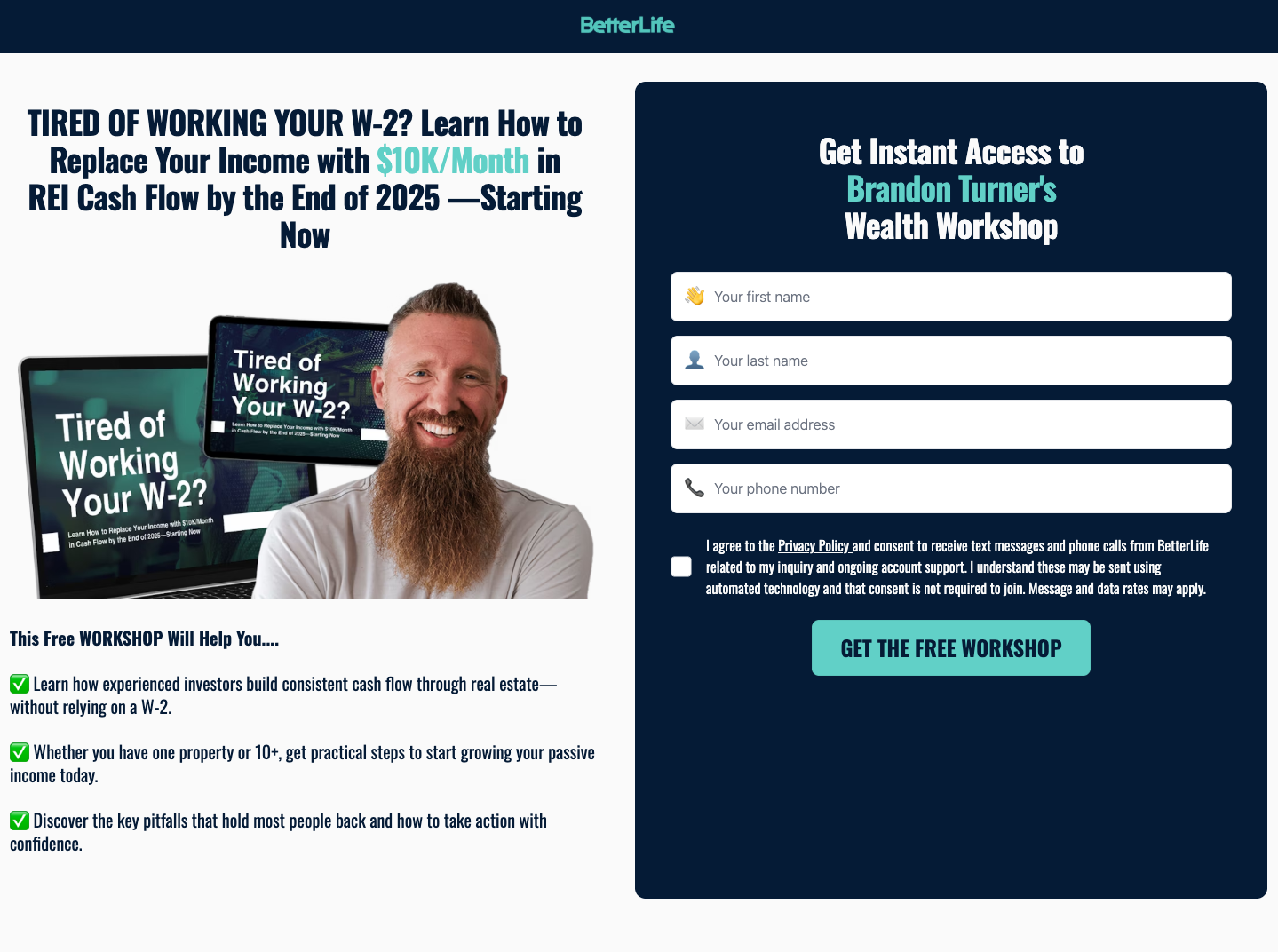 Real estate lead generation landing page examples promoting a free wealth workshop with a speaker image, benefit bullets, and a multi-field signup form.