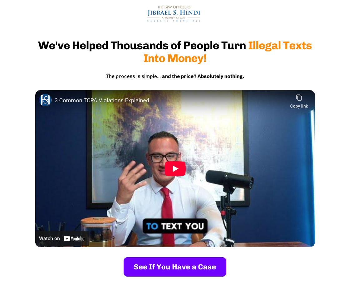Legal services lead generation landing page examples featuring a law firm video on TCPA violations and a “See if you have a case” CTA button.