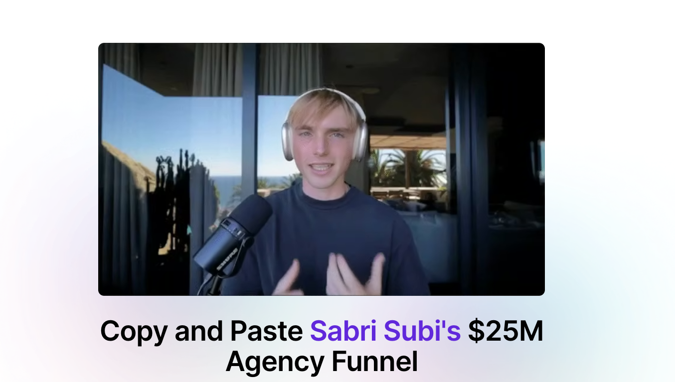 Agency lead generation landing page examples featuring a video hero and the headline “Copy and Paste Sabri Subi’s $25M Agency Funnel”.