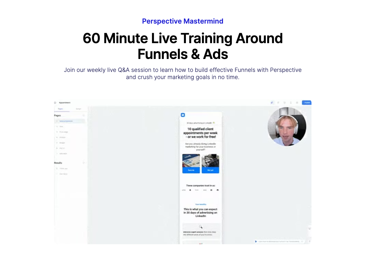 Training lead generation landing page examples showing a “60 Minute Live Training Around Funnels & Ads” signup page with a live Q&A description and a video preview.