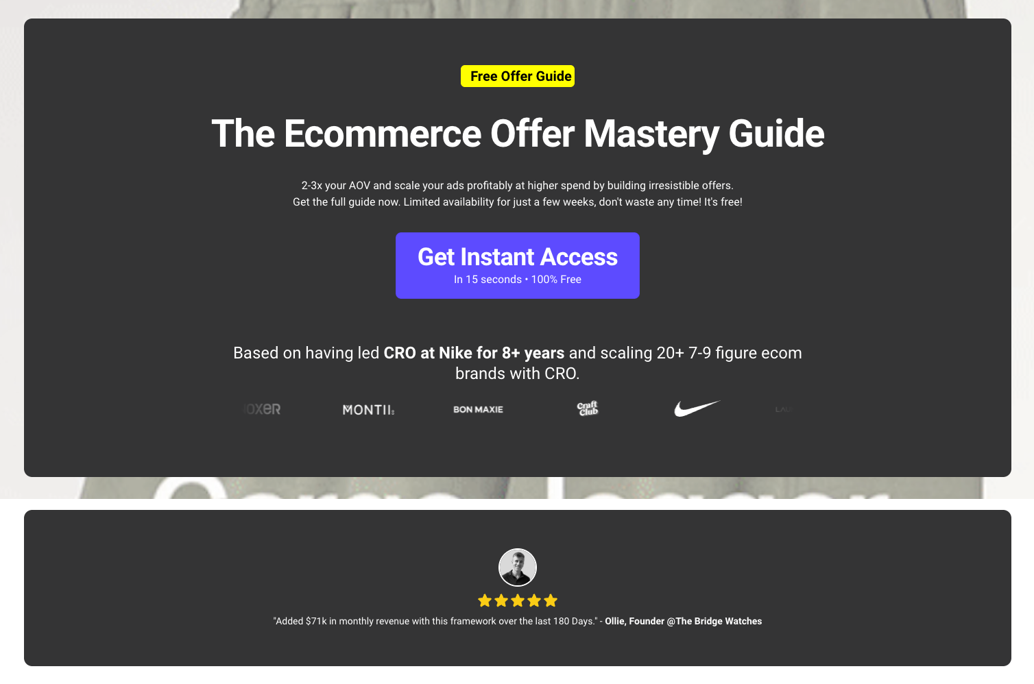 Ecommerce lead generation landing page examples showing a free offer guide opt-in for “The Ecommerce Offer Mastery Guide,” with a “Get Instant Access” CTA, credibility logos, and a testimonial section.