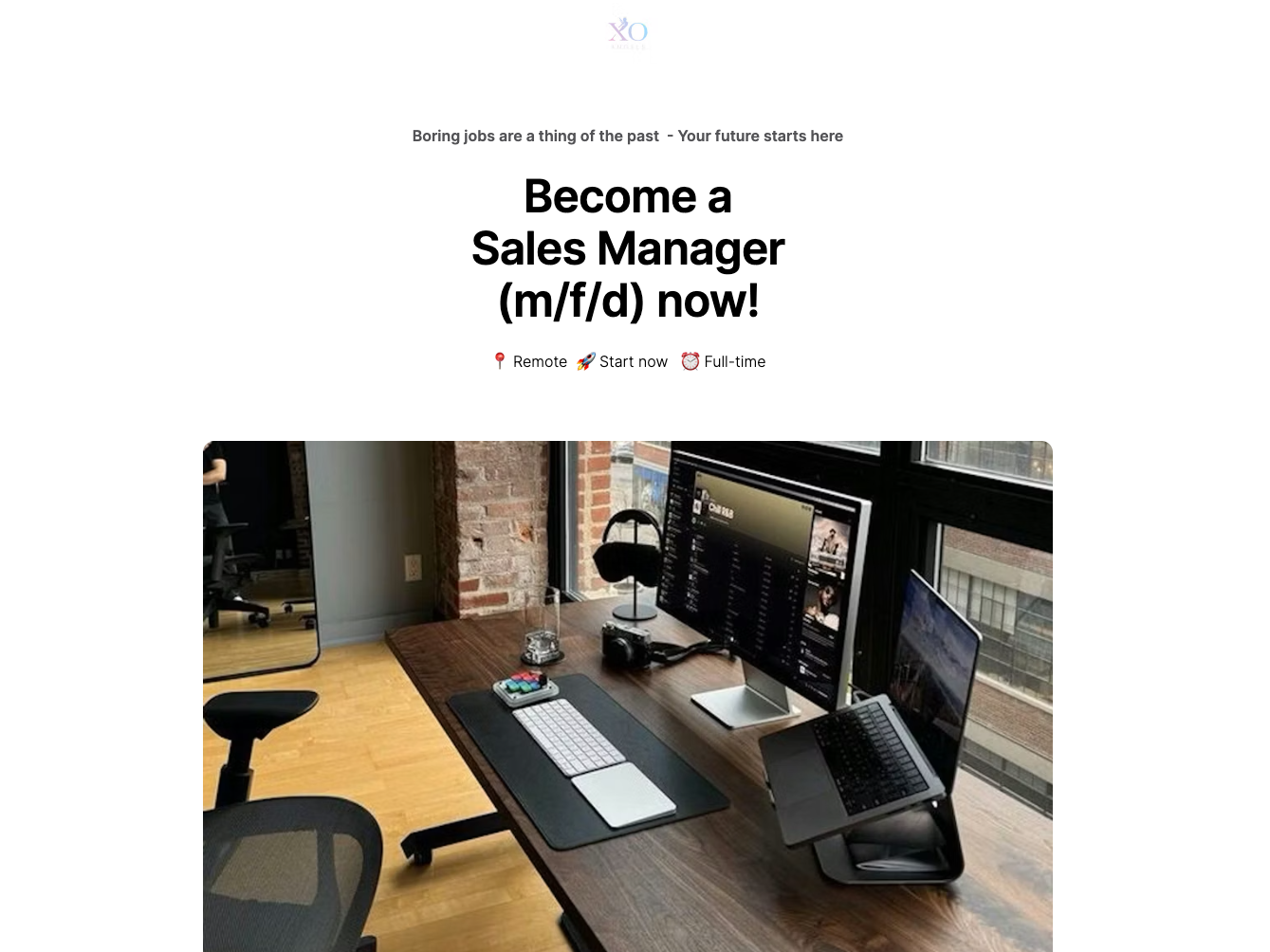 Recruiting lead generation landing page examples featuring a Sales Manager (m/f/d) job application landing page with remote/full-time details and a workspace desk hero image.