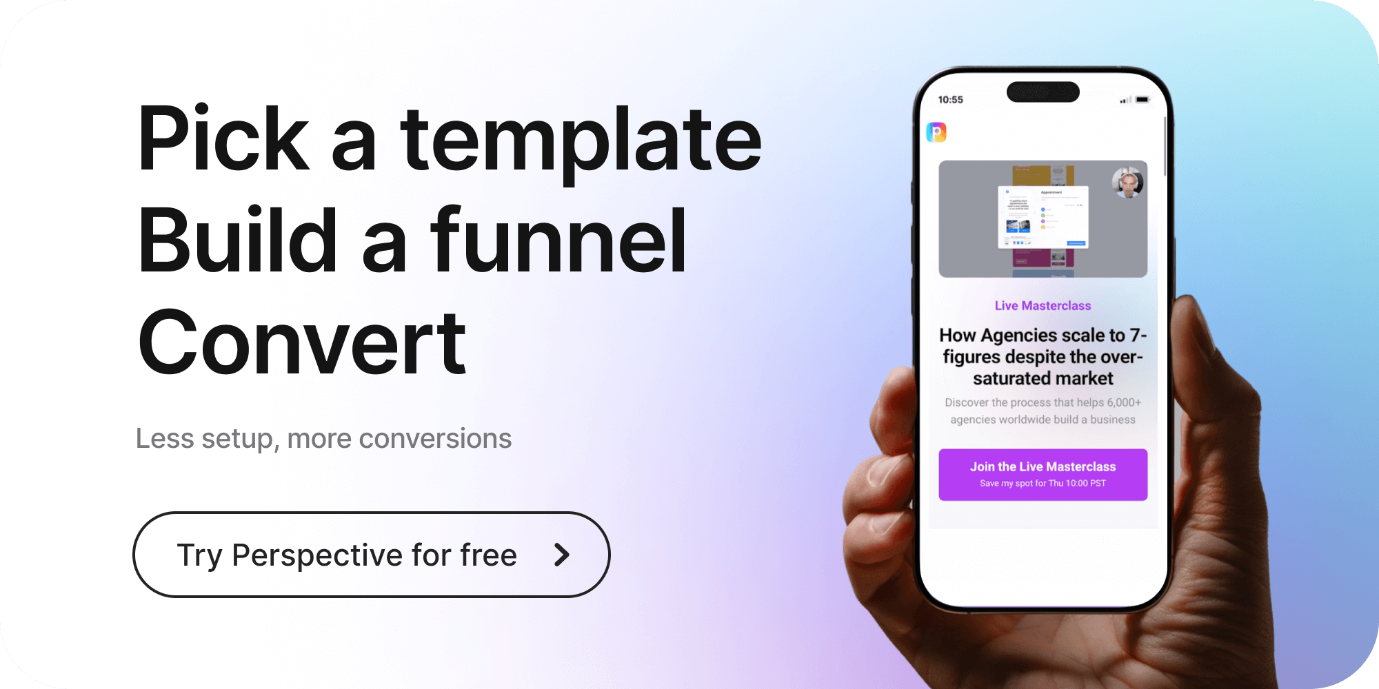 Perspective hero banner with “Pick a template, Build a funnel, Convert” headline, “Try Perspective for free” CTA, and a phone mockup showing a live masterclass landing page.