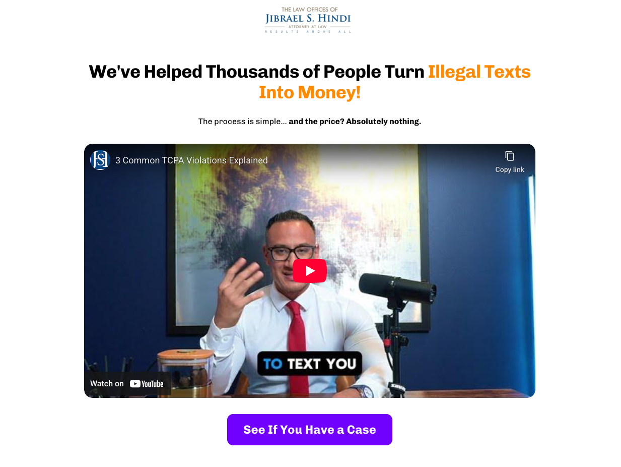 Facebook landing page showing a legal services video with a call to action to check eligibility for illegal text message claims.