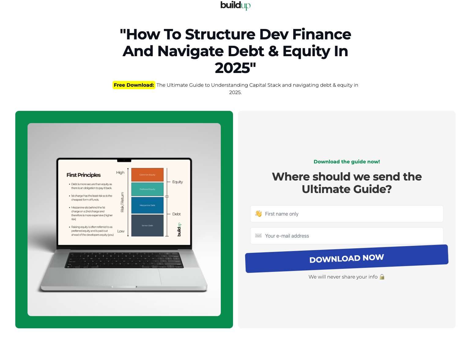 Facebook landing page offering a finance guide download on structuring development finance and navigating debt and equity.