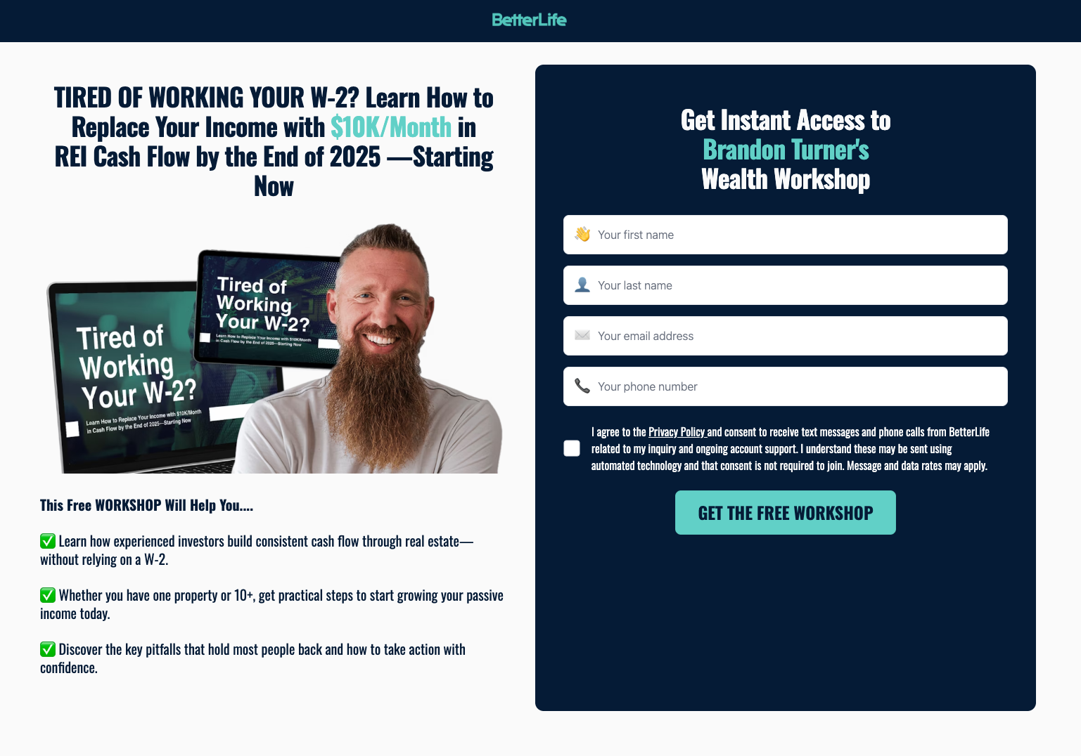 Facebook landing page promoting a real estate workshop on replacing W-2 income with rental cash flow.