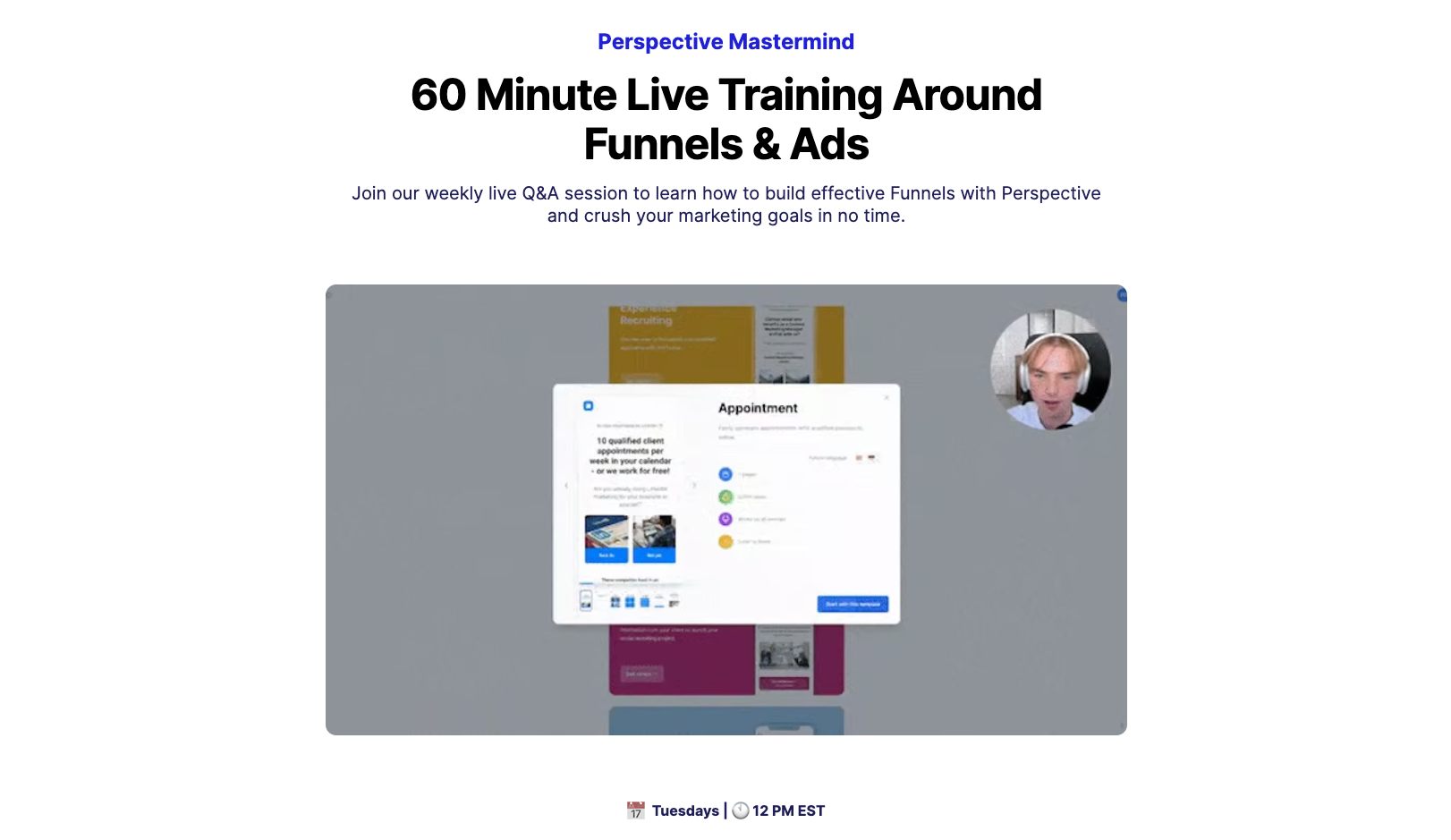 Facebook landing page in the training industry, promoting a 60-minute live session on funnels and ads with Perspective.