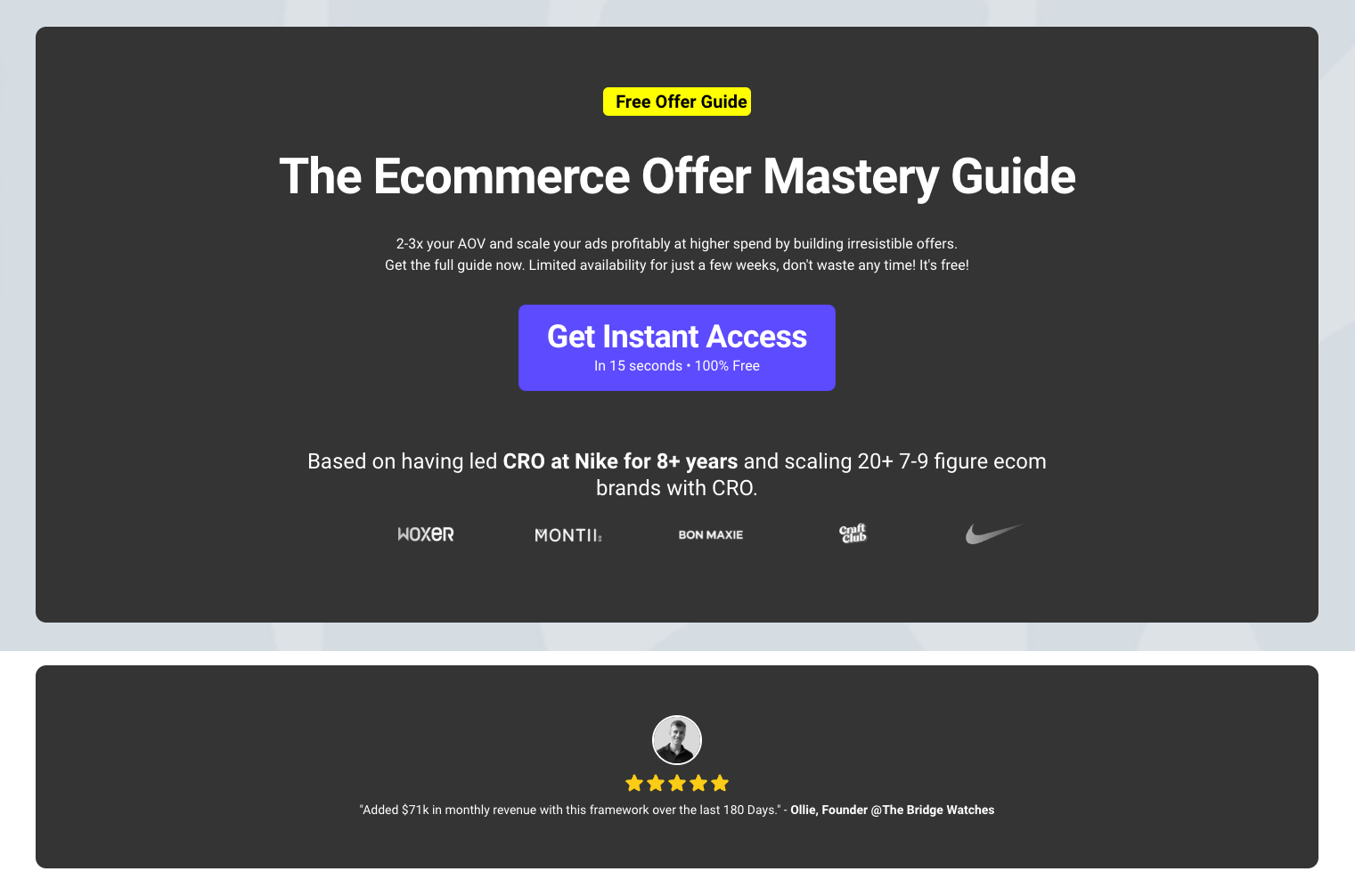 Ecommerce Facebook landing page promoting a free ecommerce offer mastery guide with instant access CTA, social proof logos, and CRO credibility.