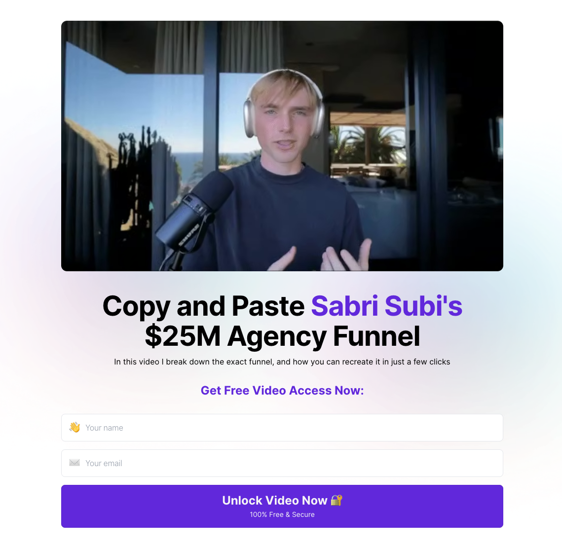 Facebook landing page offering agency owners free video access to Sabri Suby’s $25M agency funnel breakdown.