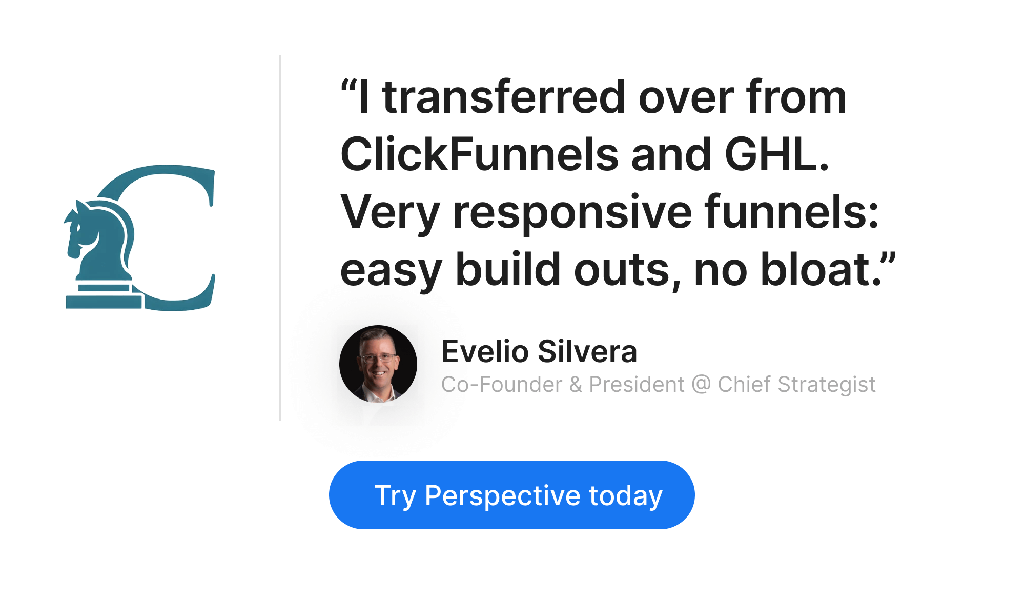 Customer testimonial about switching from ClickFunnels and GHL to Perspective with free trial call-to-action.