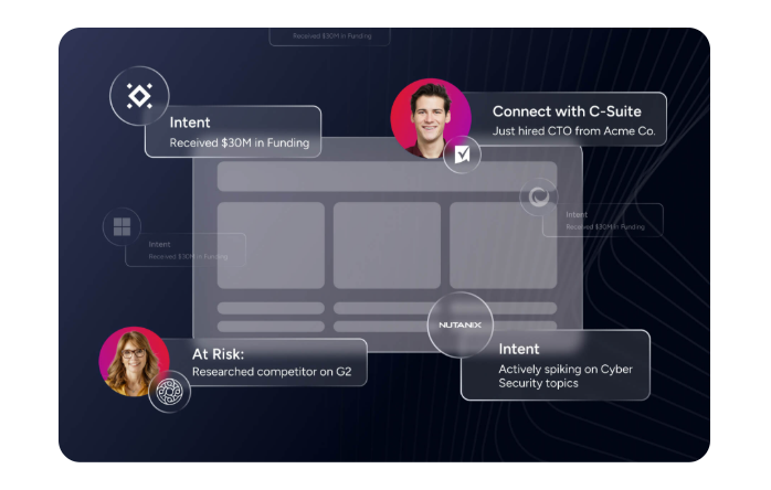 ZoomInfo B2B lead generation tool dashboard showing intent signals, C-suite contacts, funding alerts, and account risk insights for prospecting teams.