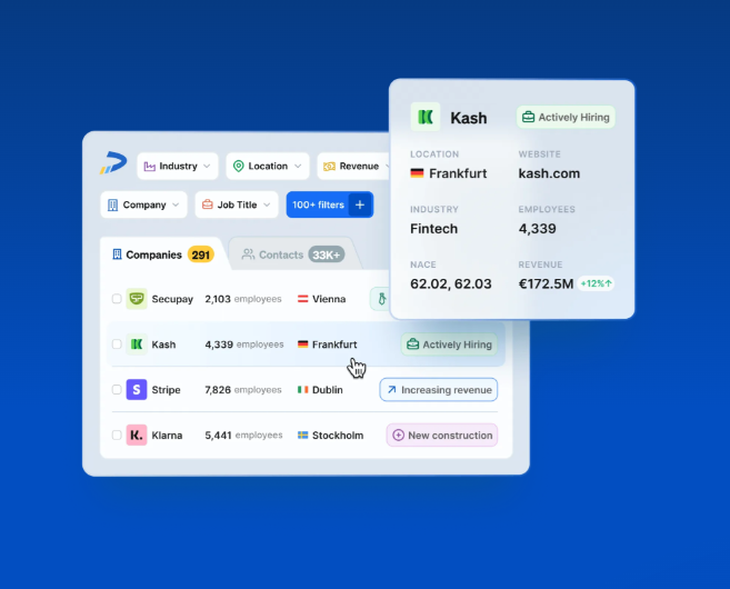 Dealfront B2B lead generation tool dashboard showing company filters, firmographic data, hiring signals, revenue insights, and prospecting results.