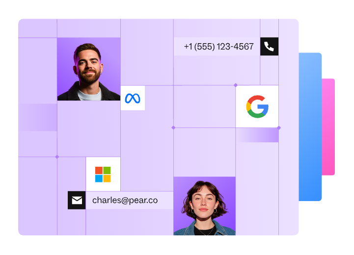 Lusha B2B lead generation tool interface showing contact data, phone numbers, email addresses, and integrations with Google, Microsoft, and Meta.