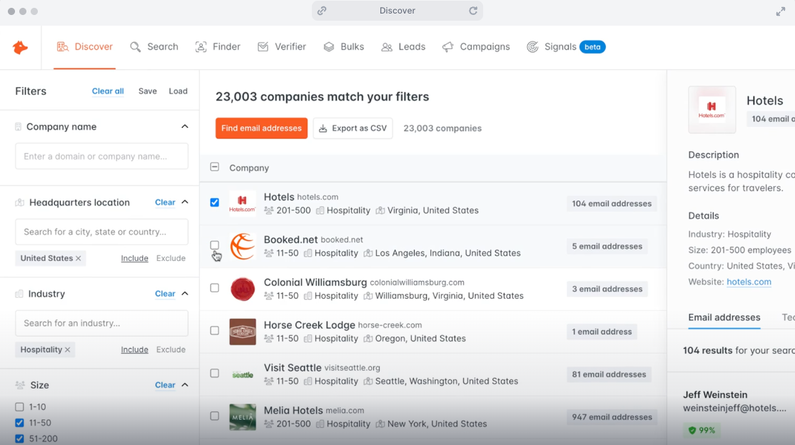 Hunter.io B2B lead generation tool interface showing company search filters, email finder results, and exportable contact data for prospecting.