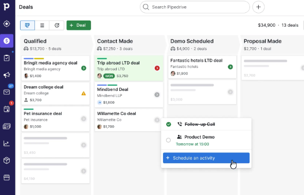 Pipedrive B2B lead generation tool CRM dashboard showing deal stages, pipeline management, scheduled activities, and sales tracking overview.