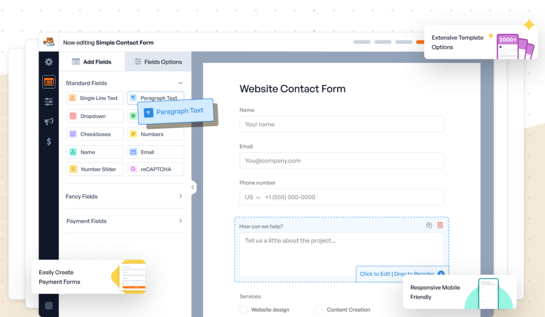 WPForms B2B lead generation tool interface showing drag-and-drop contact form builder with custom fields, templates, and mobile-friendly design options.