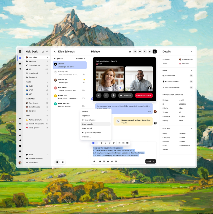 Intercom B2B lead generation tool interface showing live chat support, video call integration, messenger conversations, and customer data panel.